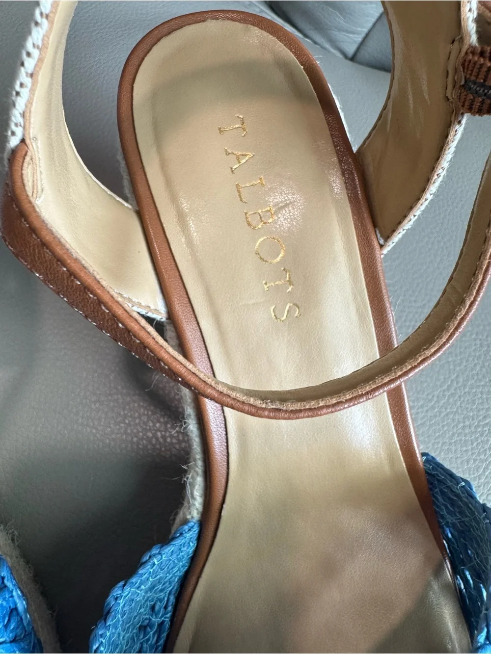 Talbots Blue Raffia Espadrille Wedge Sandals Women’s Size 6M Leather Ankle Strap